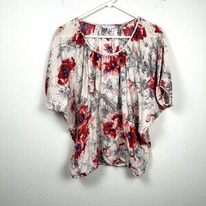 Cabi Blouse‎ Womens Size XS Gray Red 100% Silk Dolman Sleeve Floral Print Top